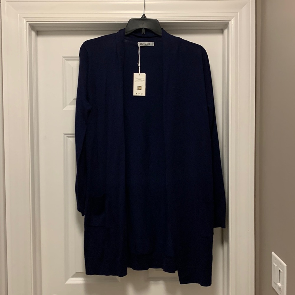 NWT Grace Karin navy blue light weight cardigan long knitted sweater